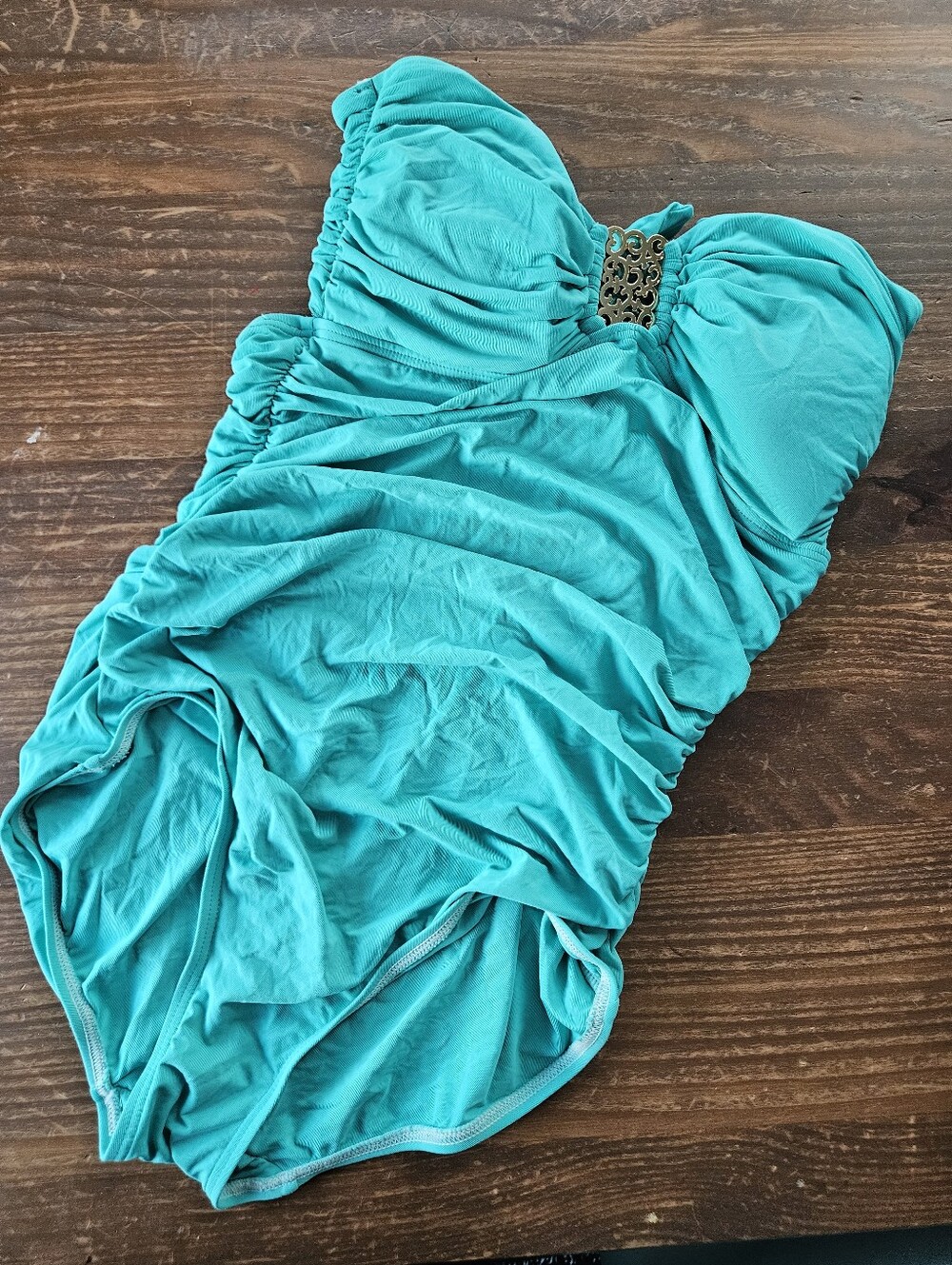 Carmen Marc ValvoTurquoise One-Piece Swimsuit Gold Center Strapless 10 Medium